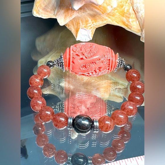 STRAWBERRY QUARTZ STONES + LUCKY DRAGON NATURAL BRACELET size 7” - Picture 5 of 14